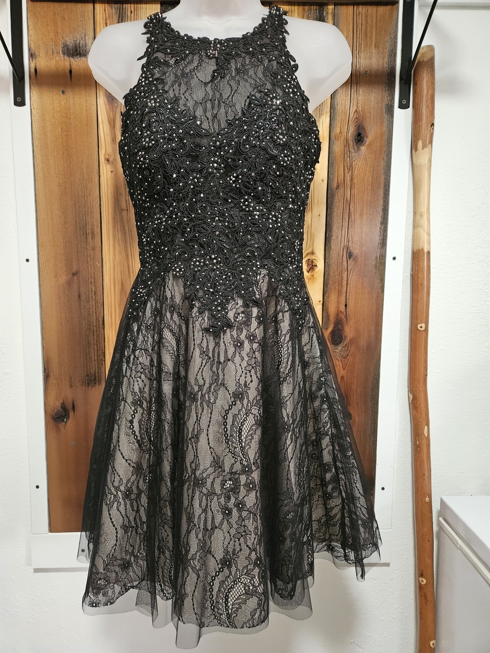 Xscape Black Evening Dress with Lace Overlay